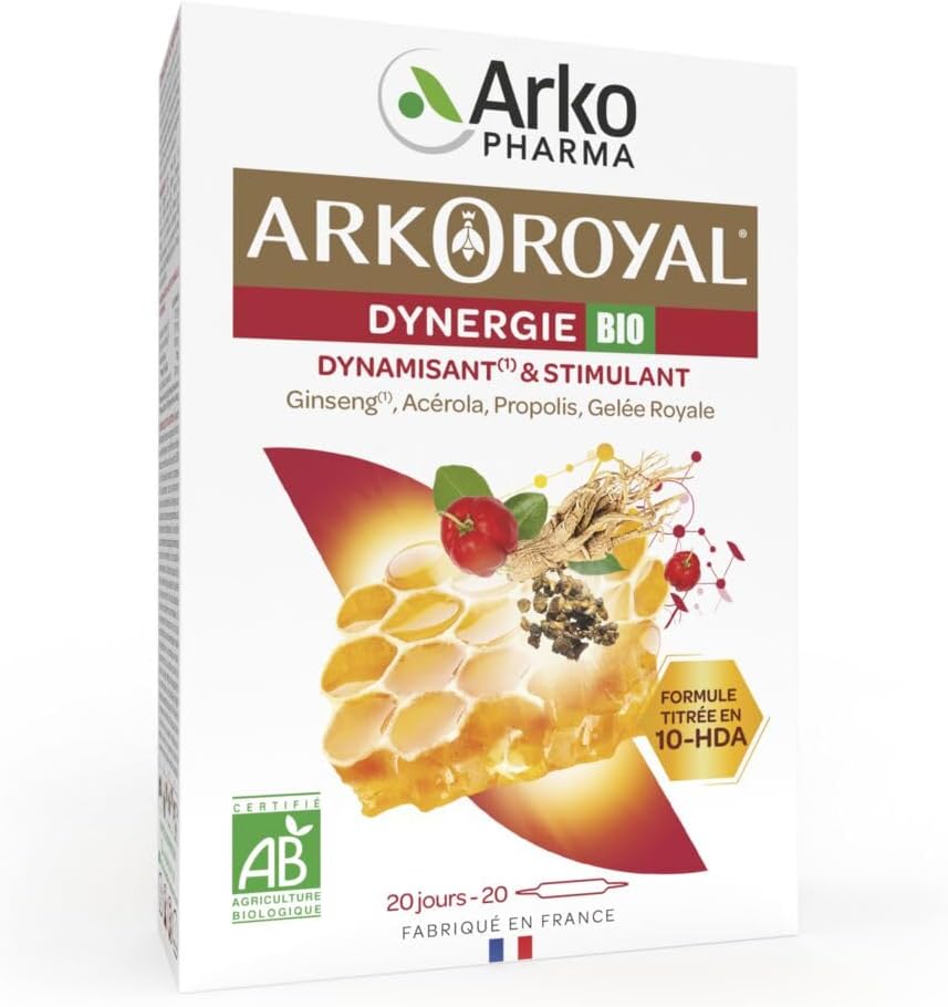 Arkopharma - Arkoroyal Organic Dynergie | Royal Jelly - Propolis - Food Supplement - Energy Booster - Immunity and Vitality - Ginseng - Acerola - Energizing and Stimulating | 20 Ampoules
