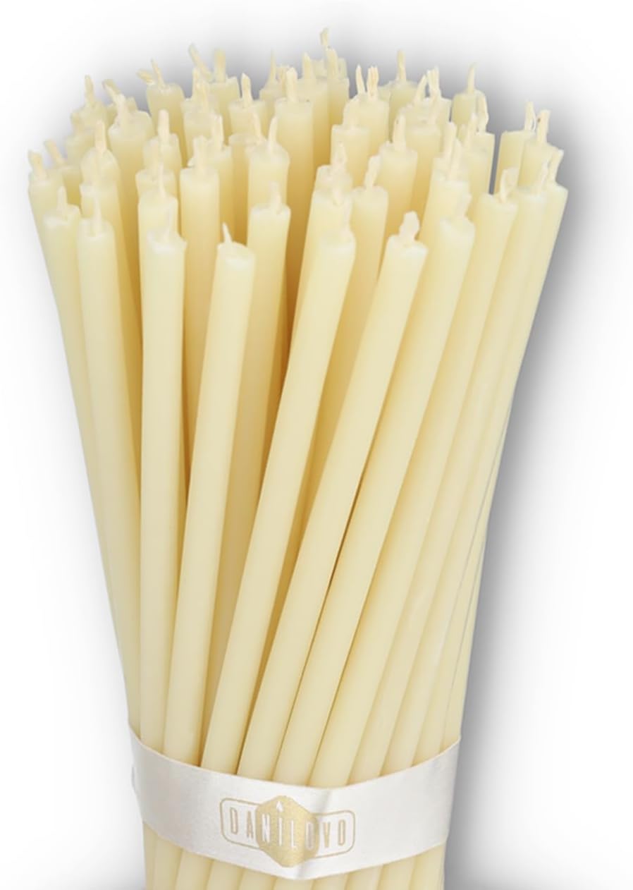 Danilovo Pure Beeswax Candles, Orthodox Natural Candles for Church Prayer, Rituals, Meditation, Birthday Cake Decoration, Pack of 50 (White)