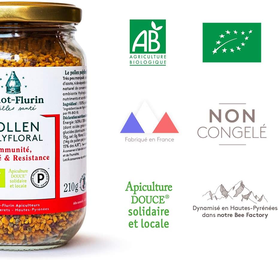 Ballot-Flurin - Polyfloral pollen - 100% organic and energized - fresh, never frozen - Improves immunity - From SWEET beekeeping - Paleo certified - Glass jar 210g
