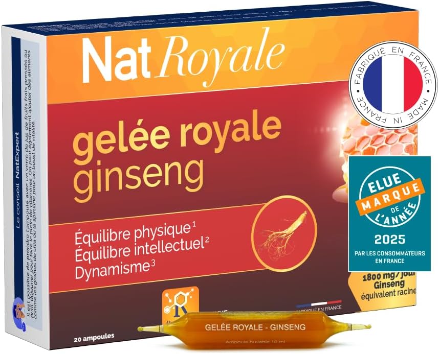 NaturAvignon Ampoule Royal Jelly Ginseng | Vitality, Immunity, Adult Immune Defense | Royal Jelly 1000mg, Korean Red Ginseng 1800mg, Vitamins B3 B6 | 20 Ampoules