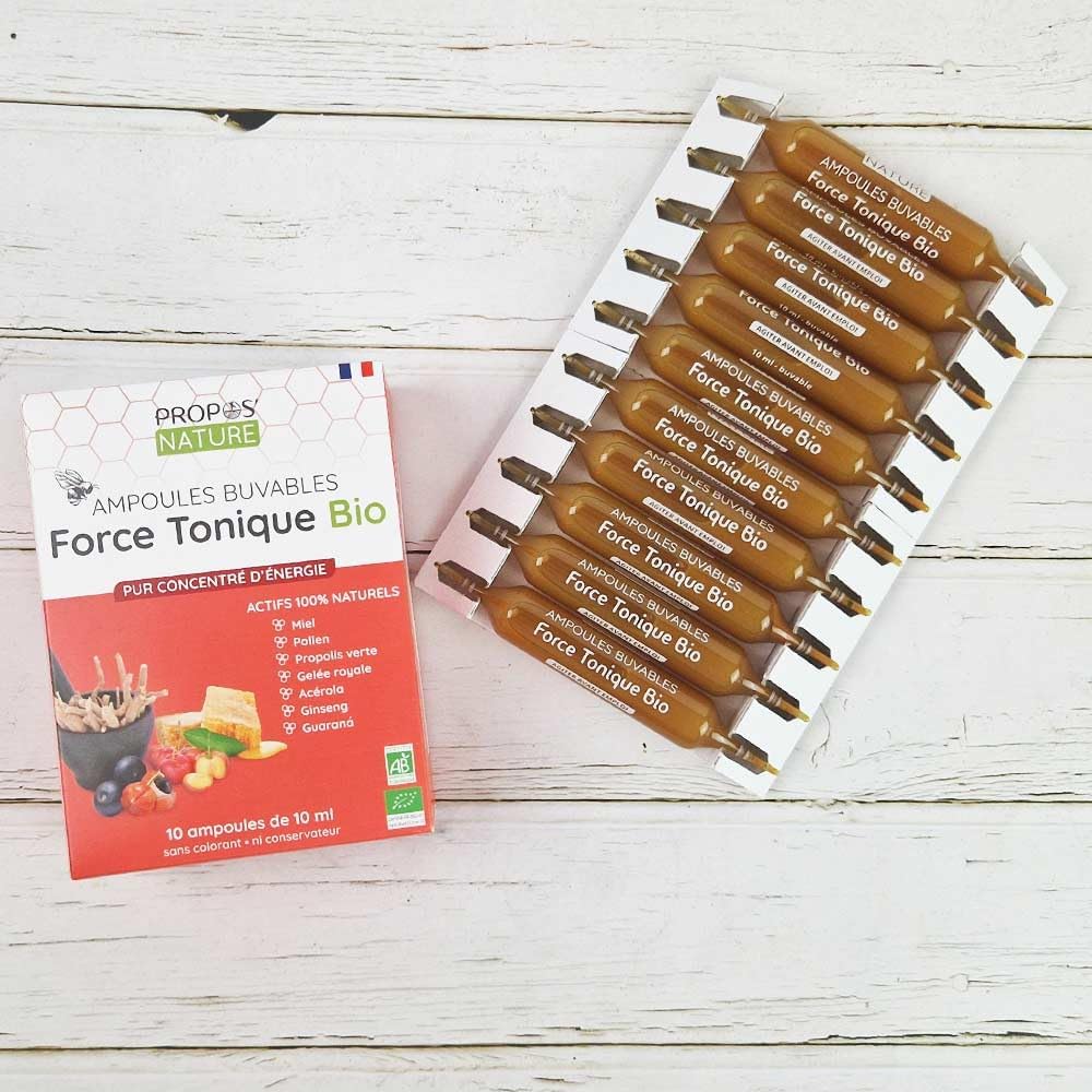 Tonic Strength - 7 Energizing Actis - Guarana, Ginseng, Acerola, Honey, Royal Jelly, Pollen, Propolis - 10 ampoules of 10 ml - Made in France - Certified Organic PROPOS'NATURE