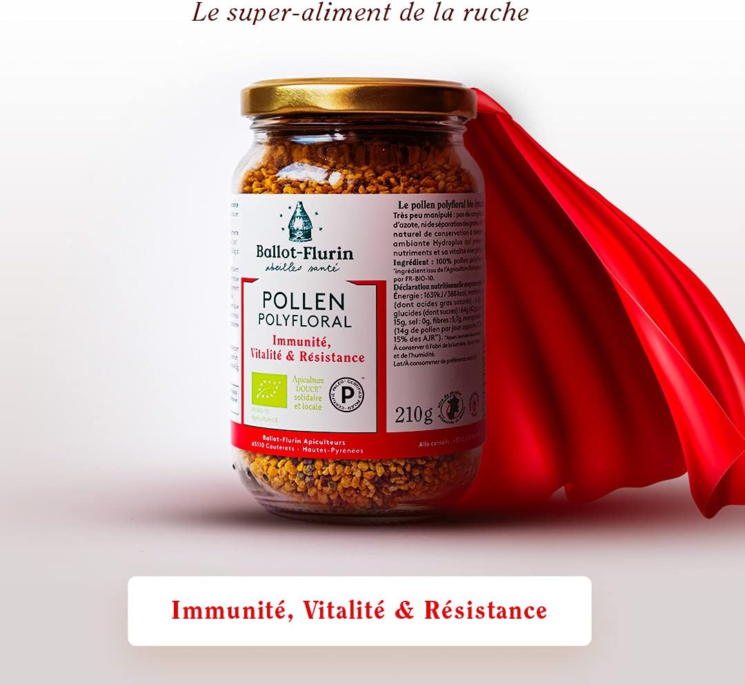 Ballot-Flurin - Polyfloral pollen - 100% organic and energized - fresh, never frozen - Improves immunity - From SWEET beekeeping - Paleo certified - Glass jar 210g