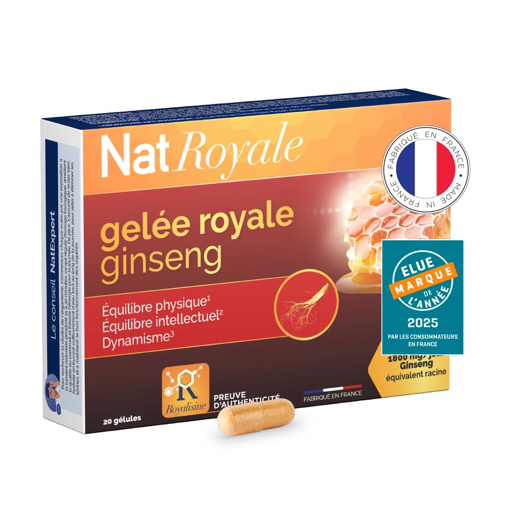 NaturAvignon Ampoule Royal Jelly Ginseng | Vitality, Immunity, Adult Immune Defense | Royal Jelly 1000mg, Korean Red Ginseng 1800mg, Vitamins B3 B6 | 20 Ampoules
