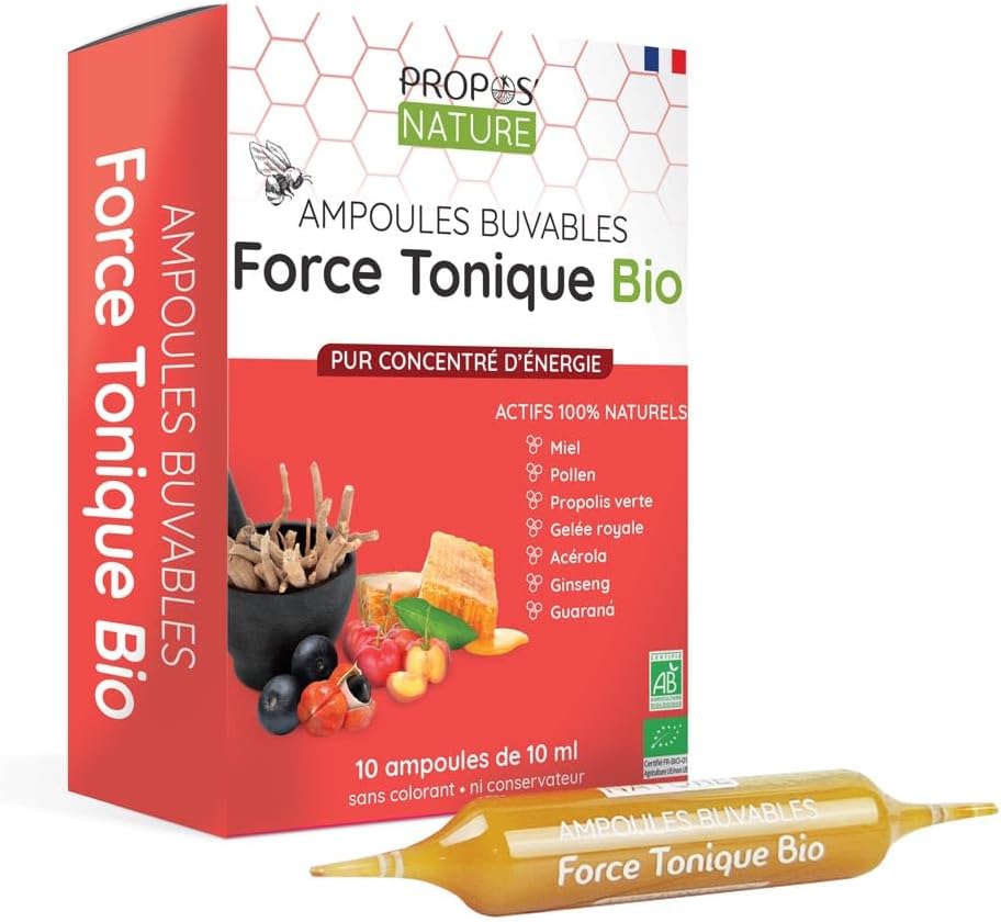 Tonic Strength - 7 Energizing Actis - Guarana, Ginseng, Acerola, Honey, Royal Jelly, Pollen, Propolis - 10 ampoules of 10 ml - Made in France - Certified Organic PROPOS'NATURE