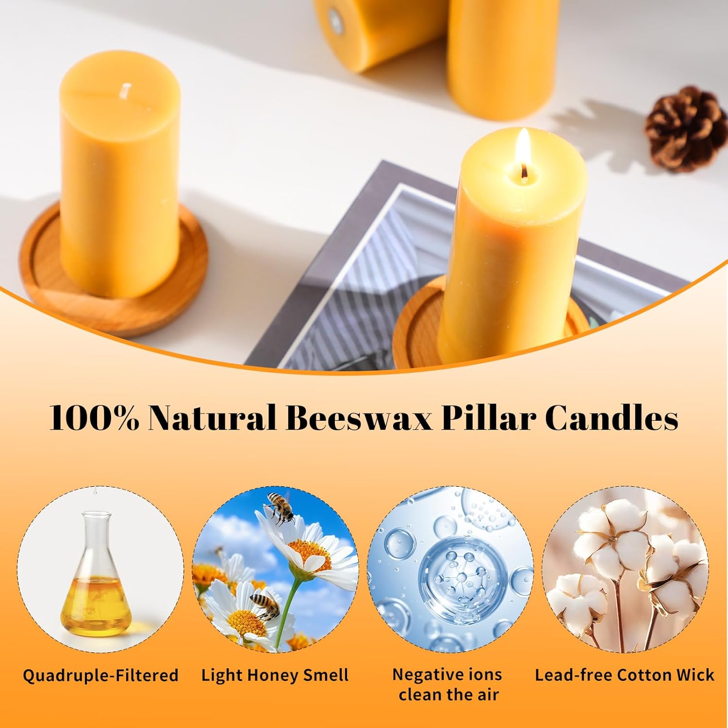 Organic Beeswax Candles 2" x 4", 100% Pure Beeswax - Natural Beeswax Pillar Candles 140 Hour Burning - Beeswax Pillar Candles - Beeswax Pillar Candles - Set of 4