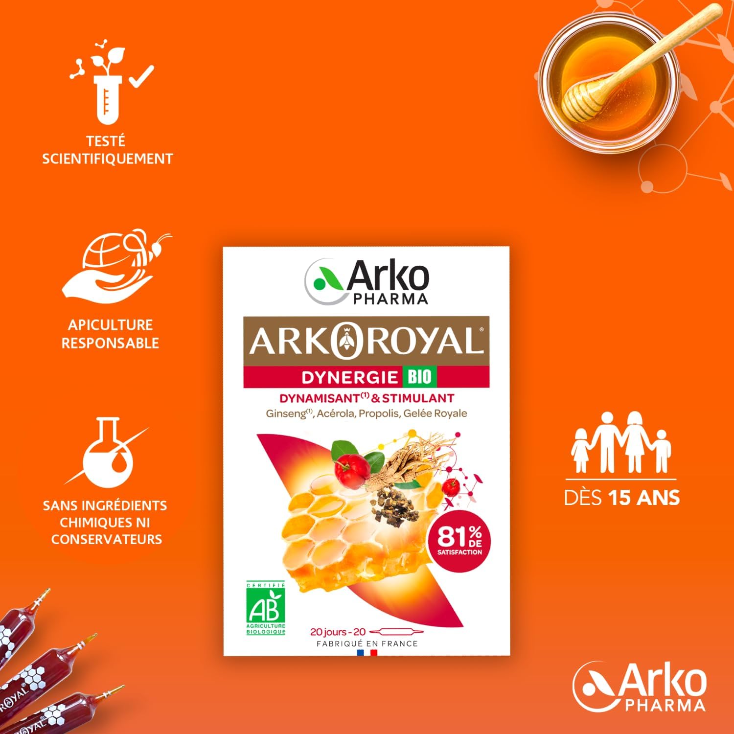 Arkopharma - Arkoroyal Organic Dynergie | Royal Jelly - Propolis - Food Supplement - Energy Booster - Immunity and Vitality - Ginseng - Acerola - Energizing and Stimulating | 20 Ampoules