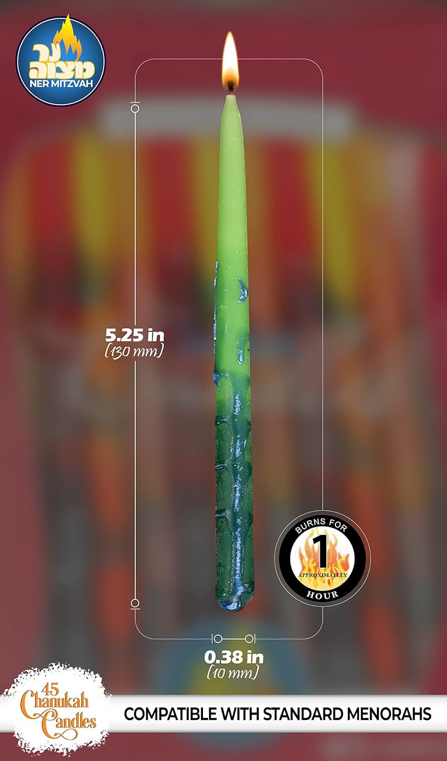 Ner Mitzvah Hanukkah Beeswax Candles - Standard Size Hanukkah Candle - Premium Organic Beeswax - 45 Hanukkah Candles per Box - Decorated