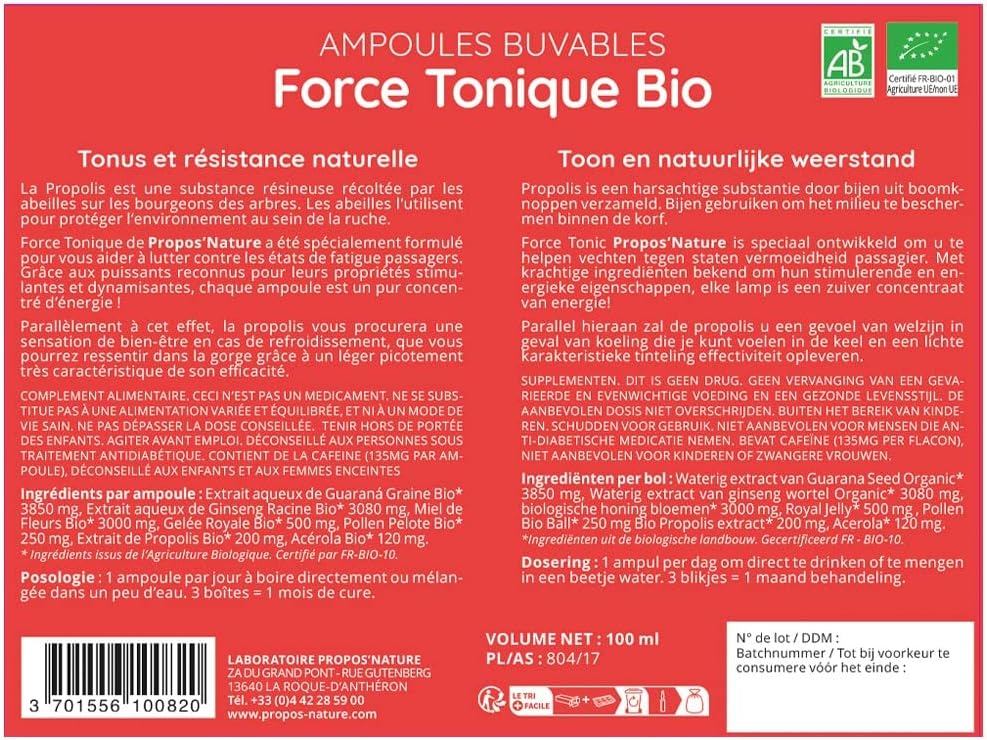 Tonic Strength - 7 Energizing Actis - Guarana, Ginseng, Acerola, Honey, Royal Jelly, Pollen, Propolis - 10 ampoules of 10 ml - Made in France - Certified Organic PROPOS'NATURE