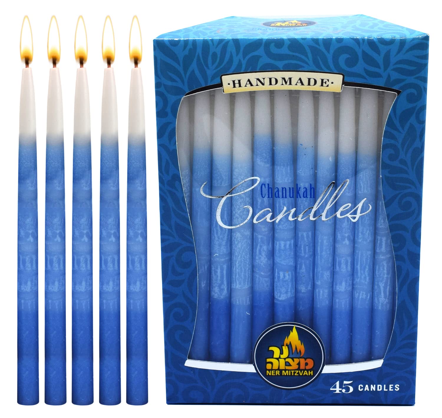 Ner Mitzvah Hanukkah Beeswax Candles - Standard Size Hanukkah Candle - Premium Organic Beeswax - 45 Hanukkah Candles per Box - Decorated