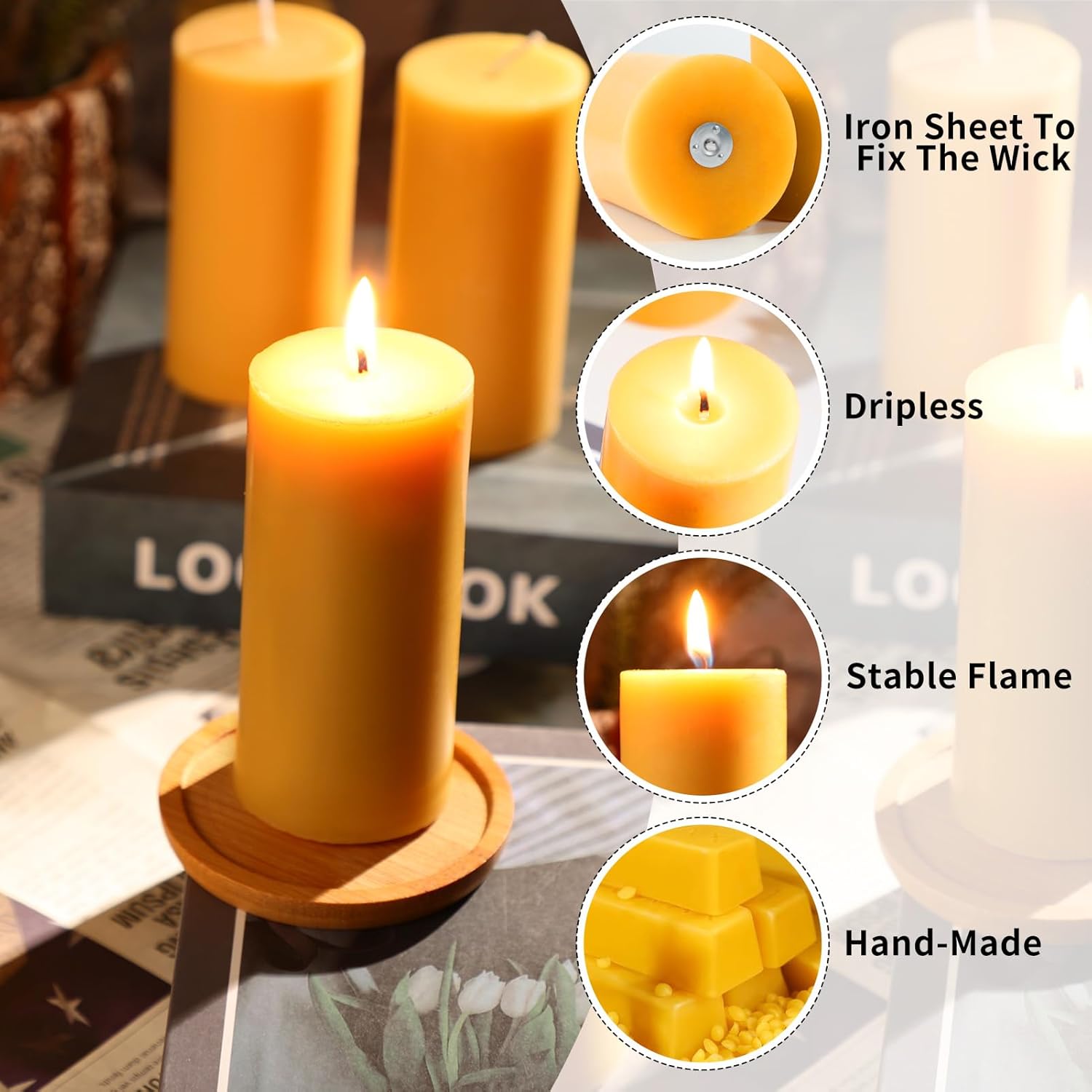 Organic Beeswax Candles 2" x 4", 100% Pure Beeswax - Natural Beeswax Pillar Candles 140 Hour Burning - Beeswax Pillar Candles - Beeswax Pillar Candles - Set of 4