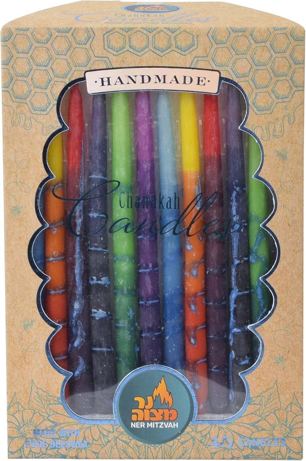 Ner Mitzvah Hanukkah Beeswax Candles - Standard Size Hanukkah Candle - Premium Organic Beeswax - 45 Hanukkah Candles per Box - Decorated