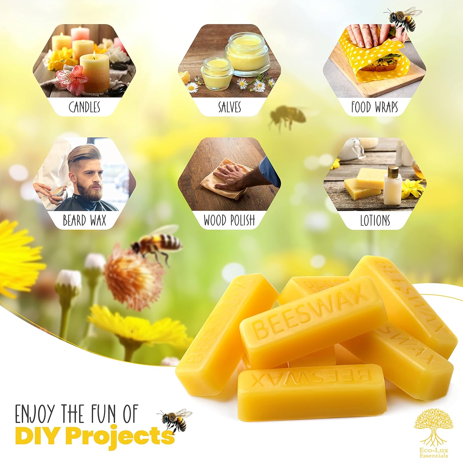 Eco Lux 100% Pure Natural Beeswax Blocks 180g (Pack of 8)