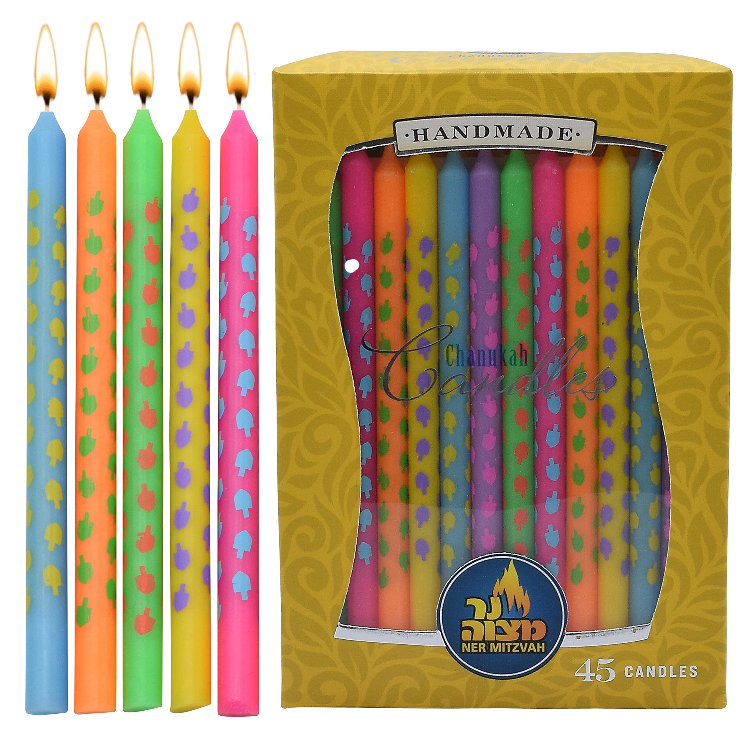 Ner Mitzvah Hanukkah Beeswax Candles - Standard Size Hanukkah Candle - Premium Organic Beeswax - 45 Hanukkah Candles per Box - Decorated