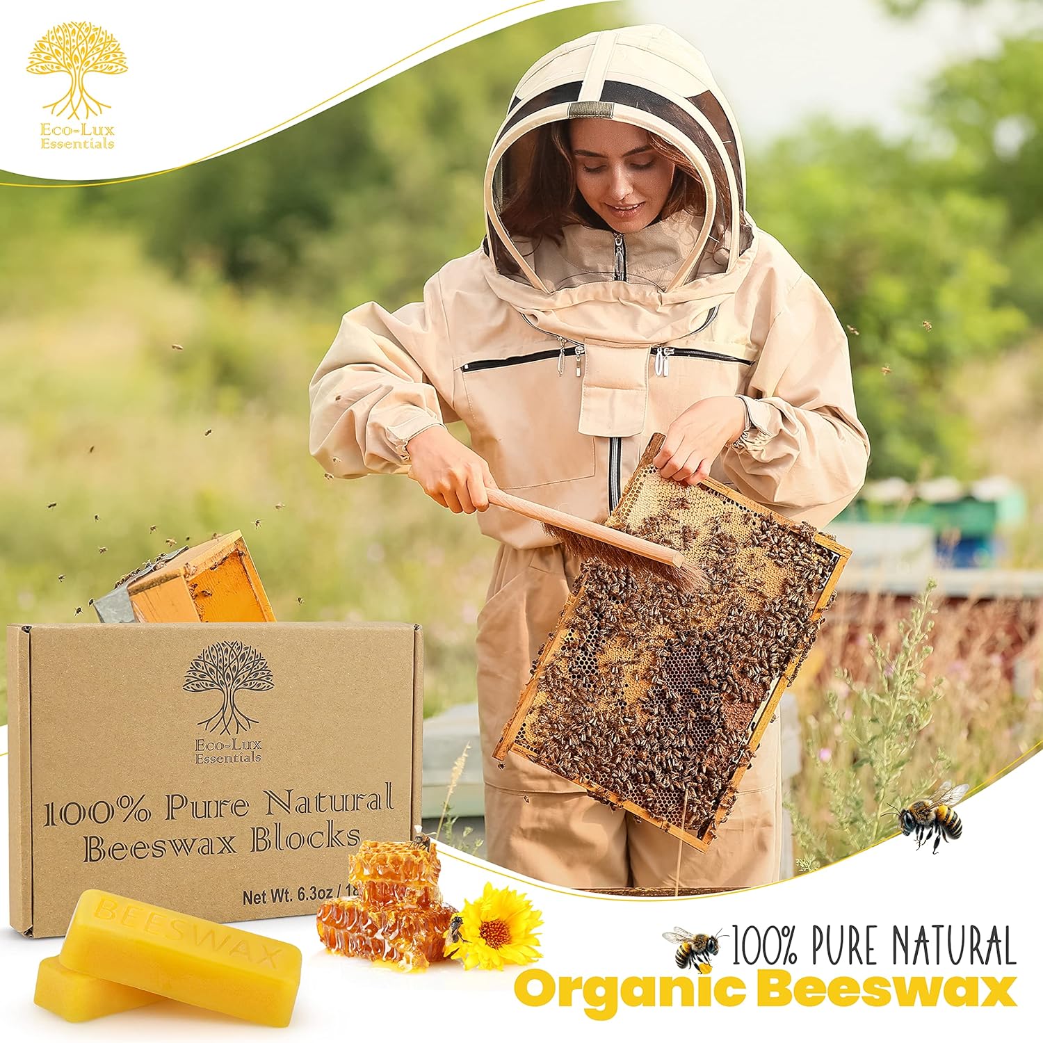 Eco Lux 100% Pure Natural Beeswax Blocks 180g (Pack of 8)