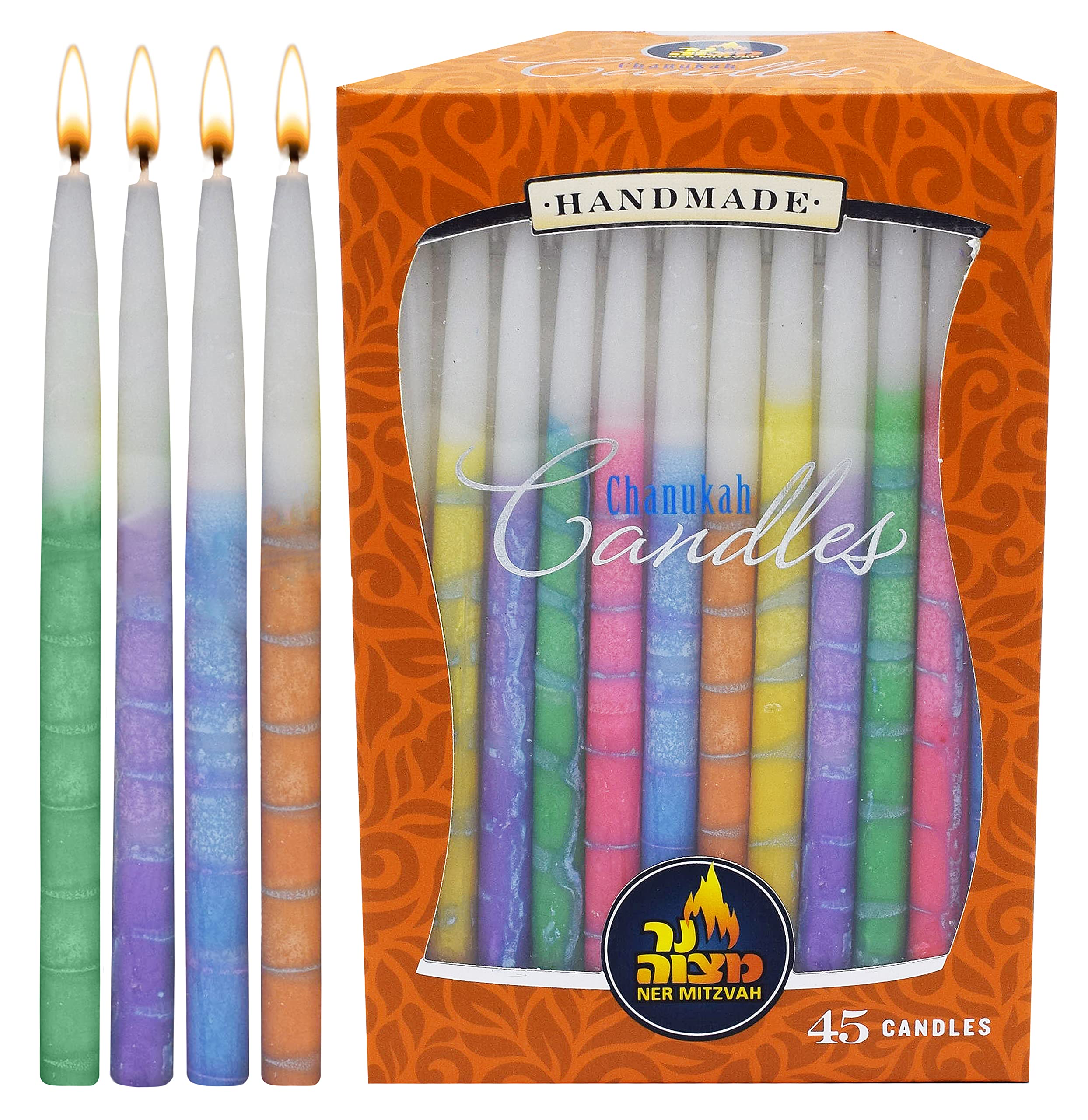 Ner Mitzvah Hanukkah Beeswax Candles - Standard Size Hanukkah Candle - Premium Organic Beeswax - 45 Hanukkah Candles per Box - Decorated