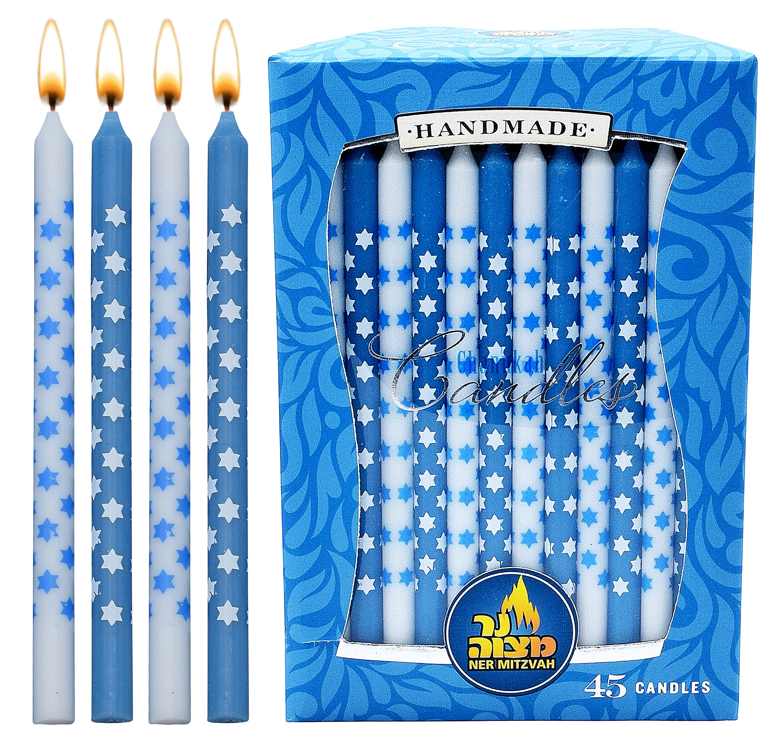Ner Mitzvah Hanukkah Beeswax Candles - Standard Size Hanukkah Candle - Premium Organic Beeswax - 45 Hanukkah Candles per Box - Decorated