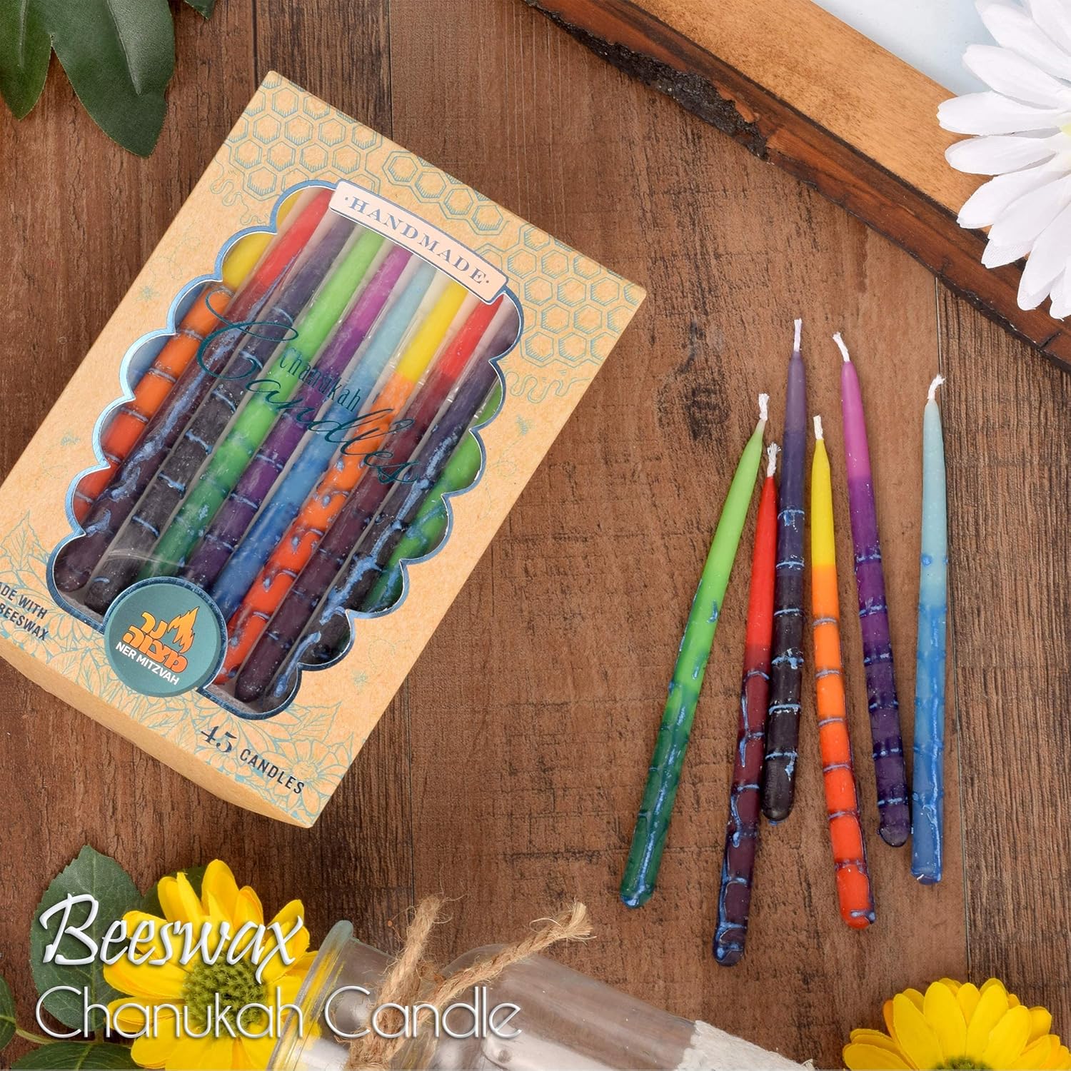 Ner Mitzvah Hanukkah Beeswax Candles - Standard Size Hanukkah Candle - Premium Organic Beeswax - 45 Hanukkah Candles per Box - Decorated