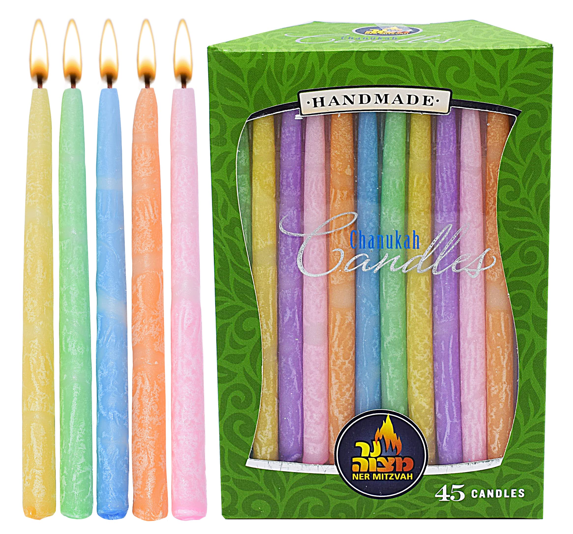 Ner Mitzvah Hanukkah Beeswax Candles - Standard Size Hanukkah Candle - Premium Organic Beeswax - 45 Hanukkah Candles per Box - Decorated