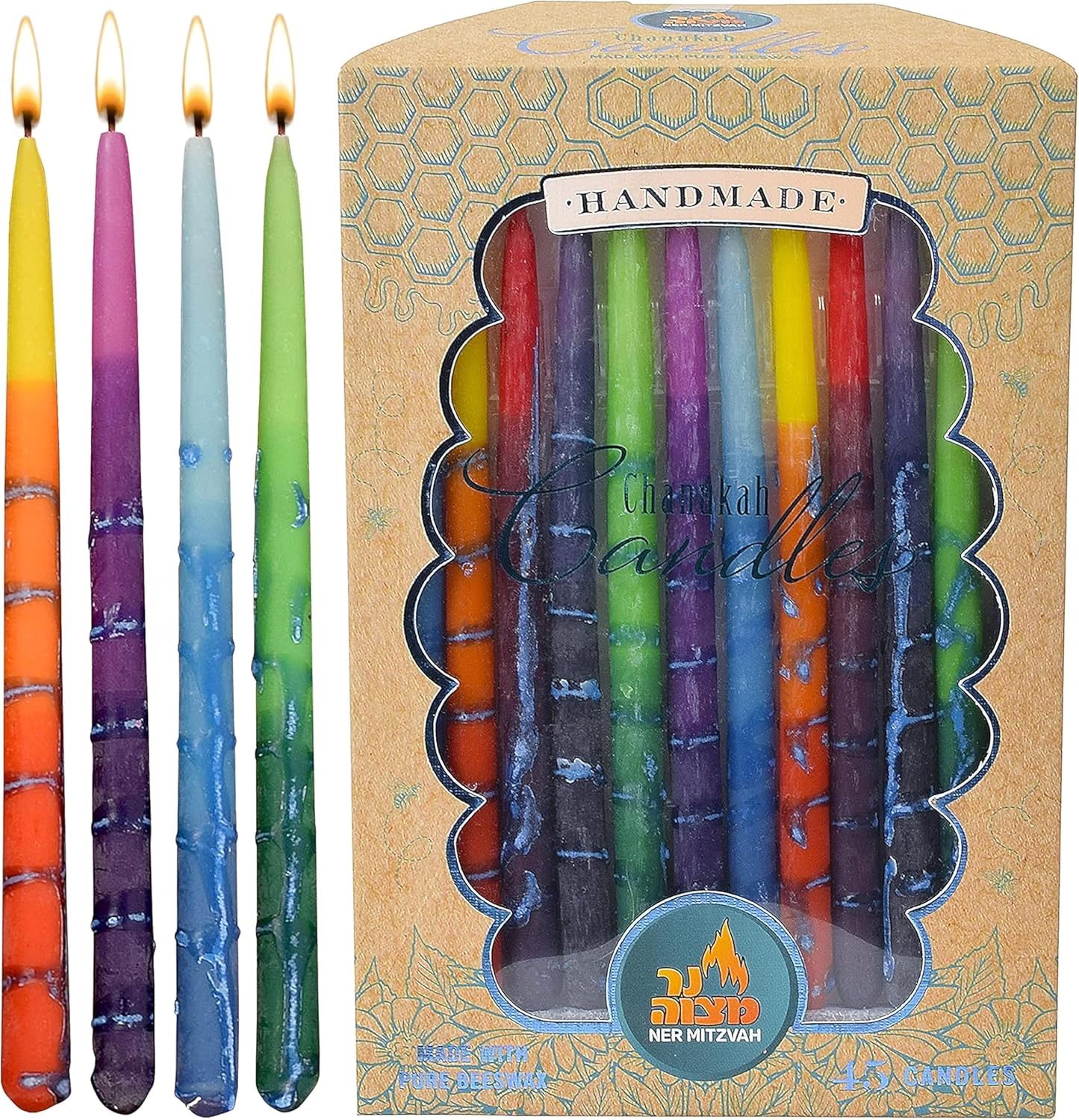 Ner Mitzvah Hanukkah Beeswax Candles - Standard Size Hanukkah Candle - Premium Organic Beeswax - 45 Hanukkah Candles per Box - Decorated