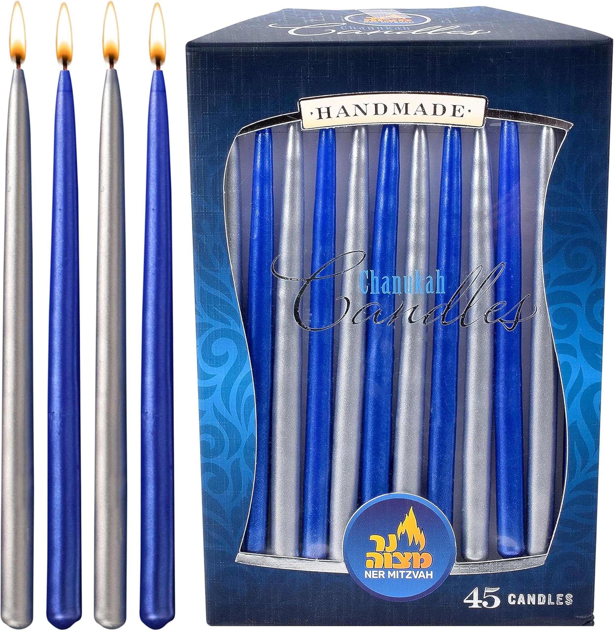 Ner Mitzvah Hanukkah Beeswax Candles - Standard Size Hanukkah Candle - Premium Organic Beeswax - 45 Hanukkah Candles per Box - Decorated