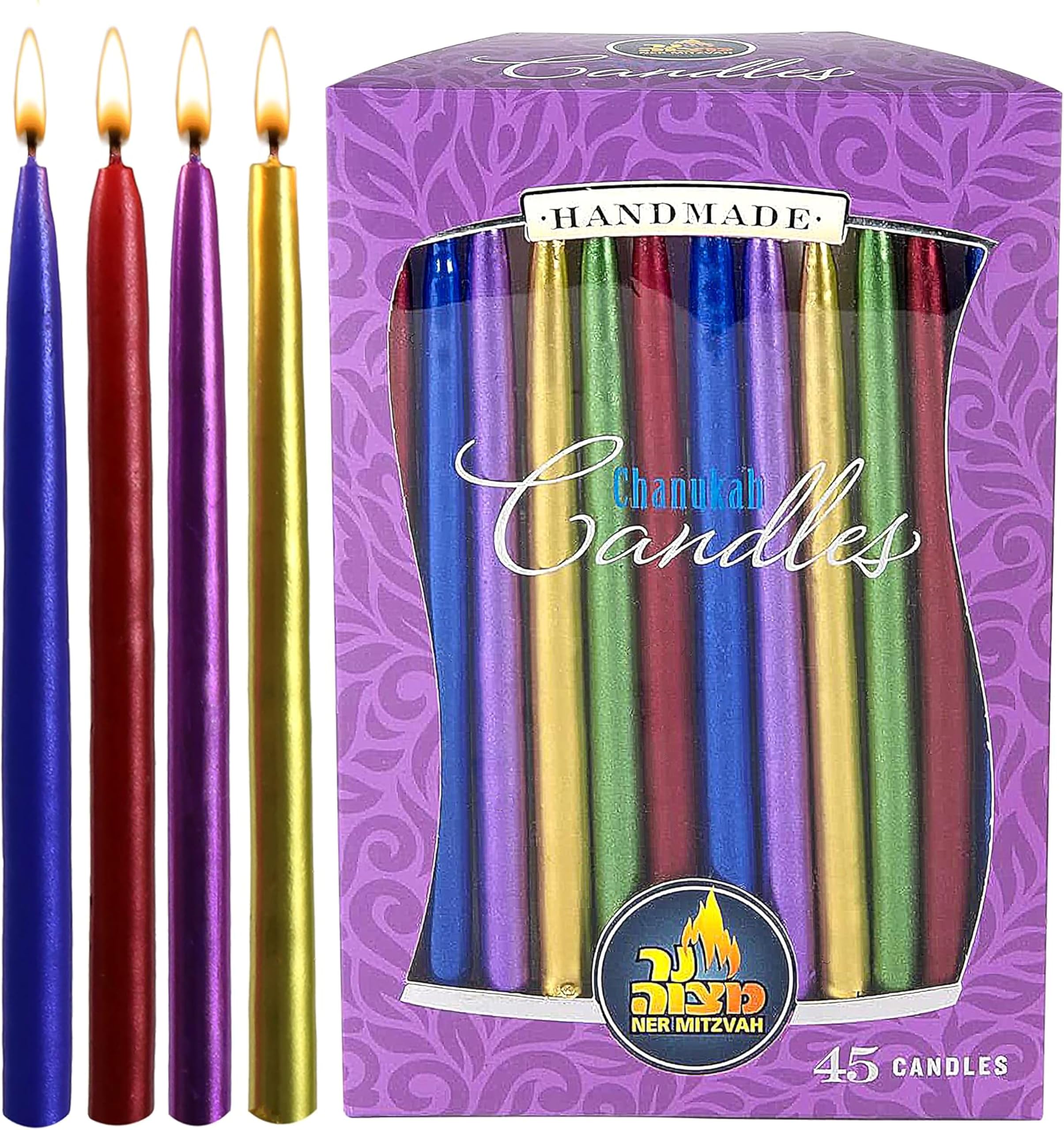 Ner Mitzvah Hanukkah Beeswax Candles - Standard Size Hanukkah Candle - Premium Organic Beeswax - 45 Hanukkah Candles per Box - Decorated